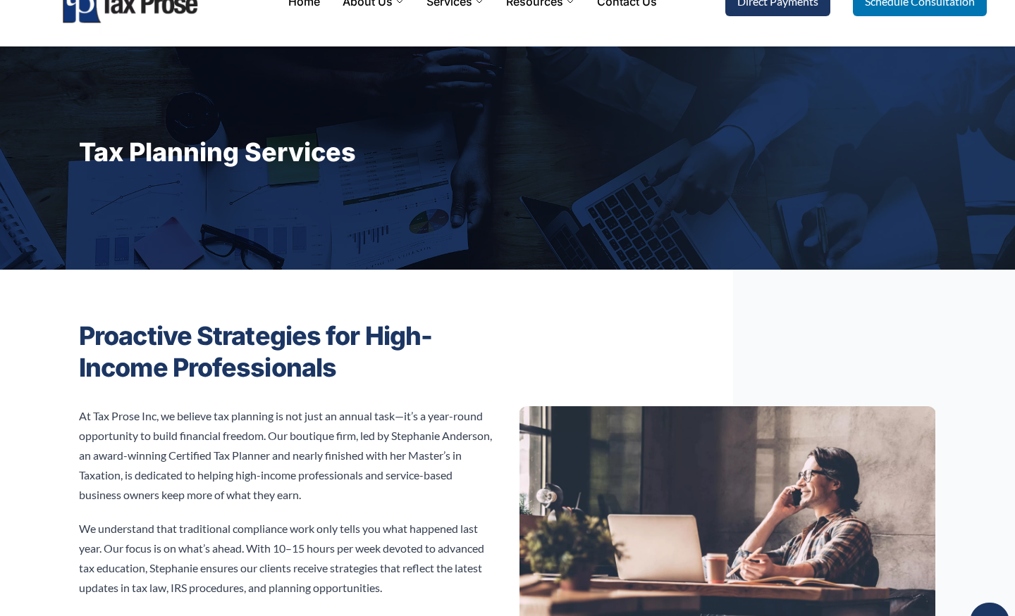 Current Tax Prose tax planning page showing proactive year-round guidance
